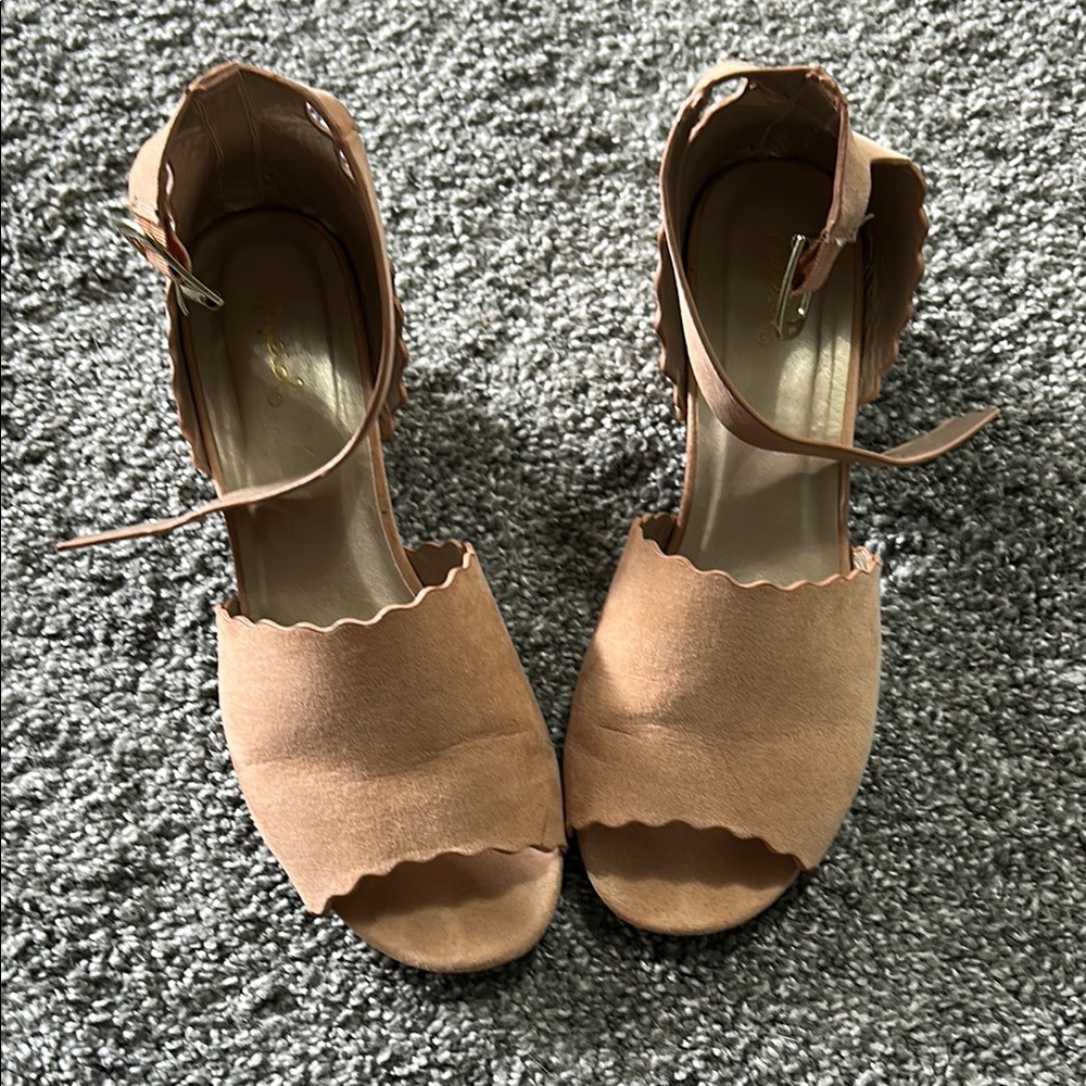 Qupid Tan Sandals with Ankle Strap and Peep-Toe
